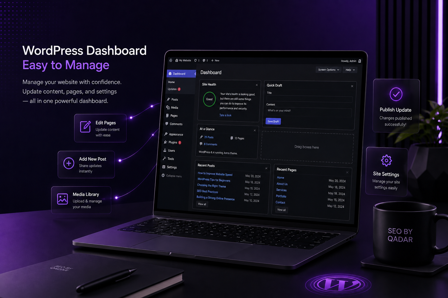 WordPress dashboard for managing website pages and content