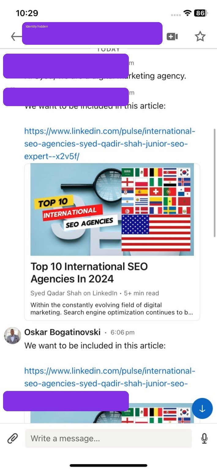 Anonymized agency request asking to be included in an existing LinkedIn article