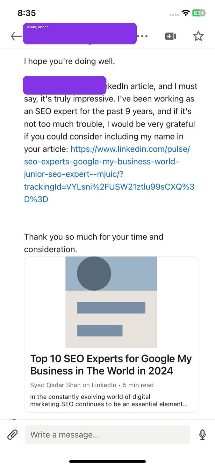 Anonymized LinkedIn message asking for inclusion in a published article