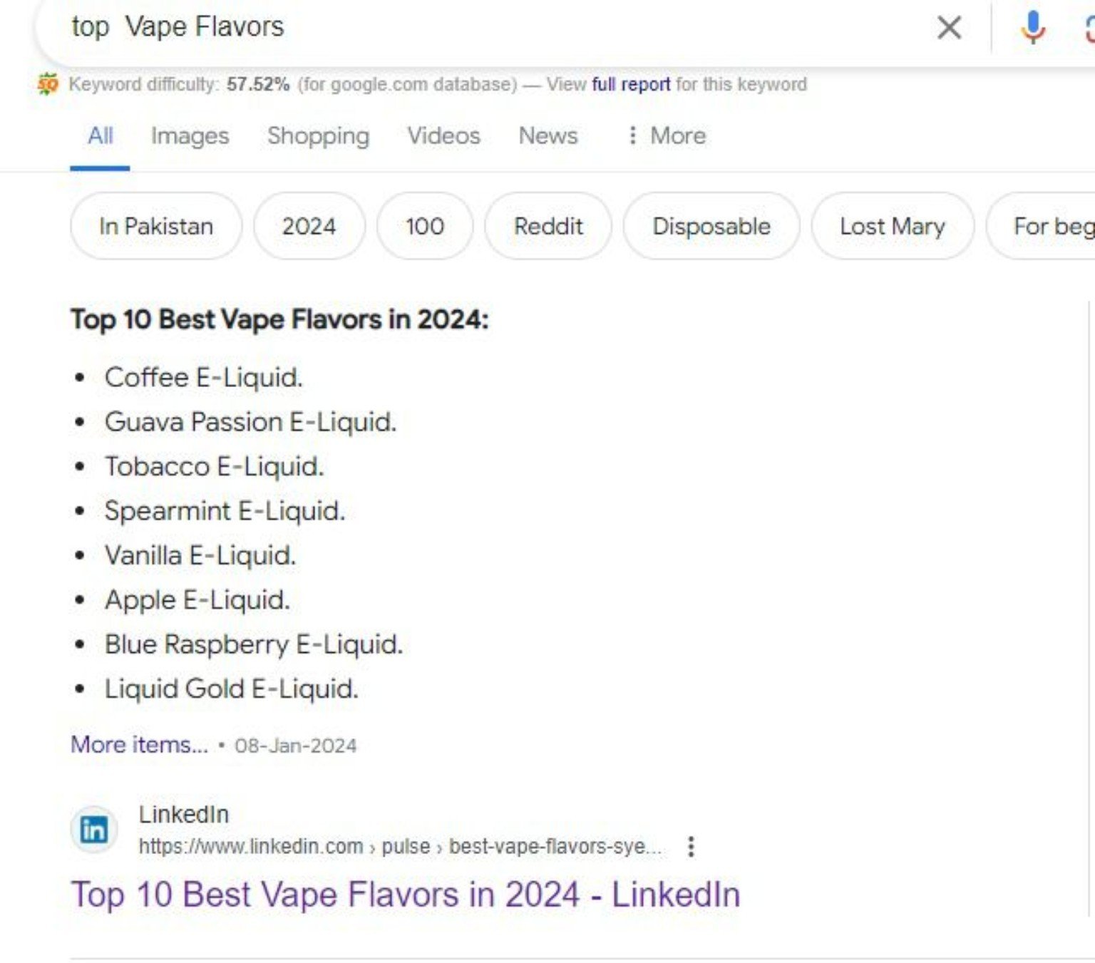LinkedIn article appearing in Google search for top vape flavors