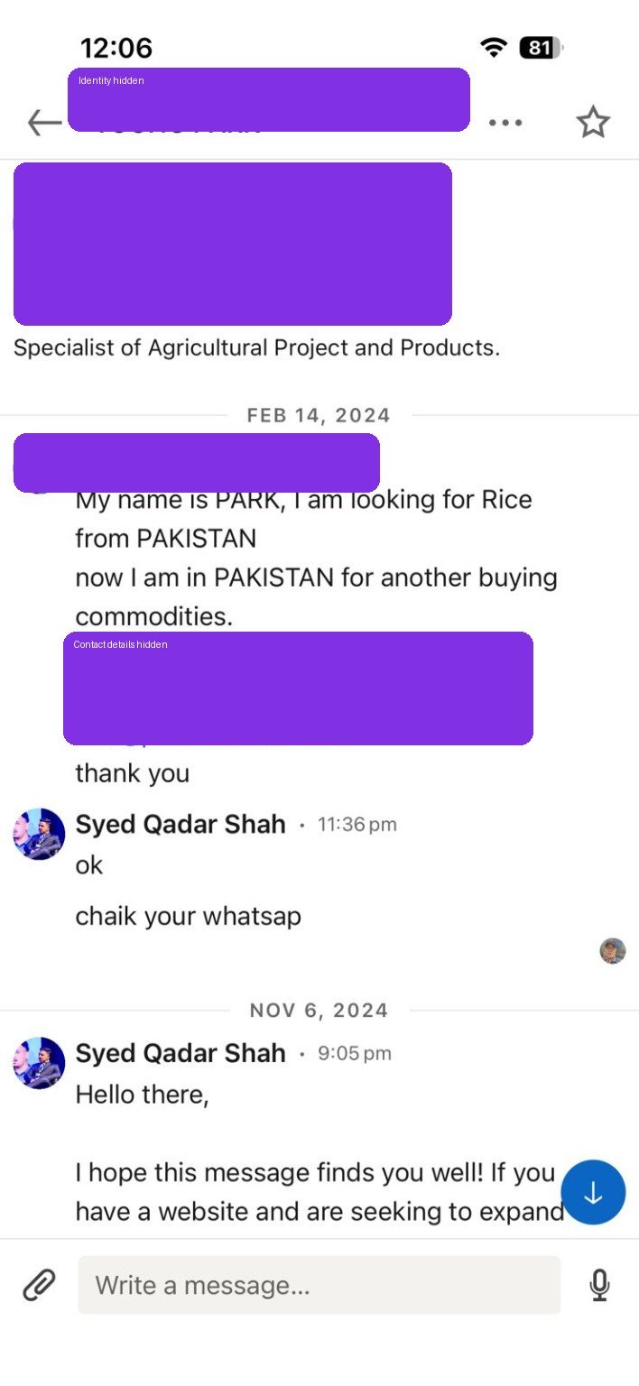 Anonymized international rice buyer enquiry received through LinkedIn