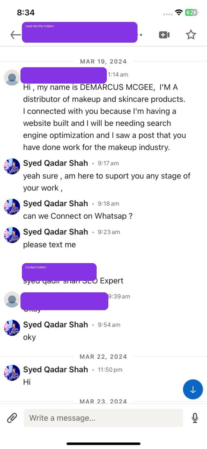 Anonymized LinkedIn enquiry from someone asking about SEO after seeing published content