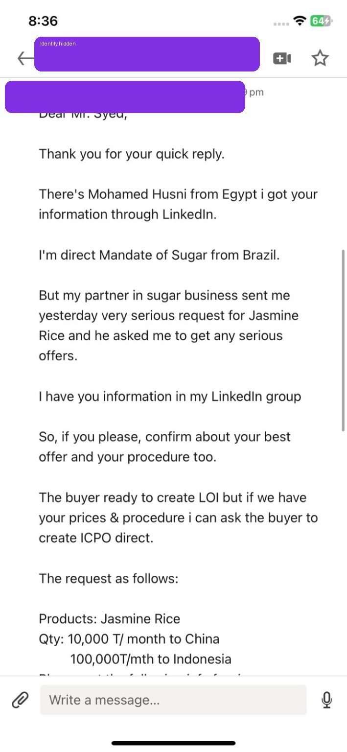 Anonymized B2B procurement enquiry received through LinkedIn