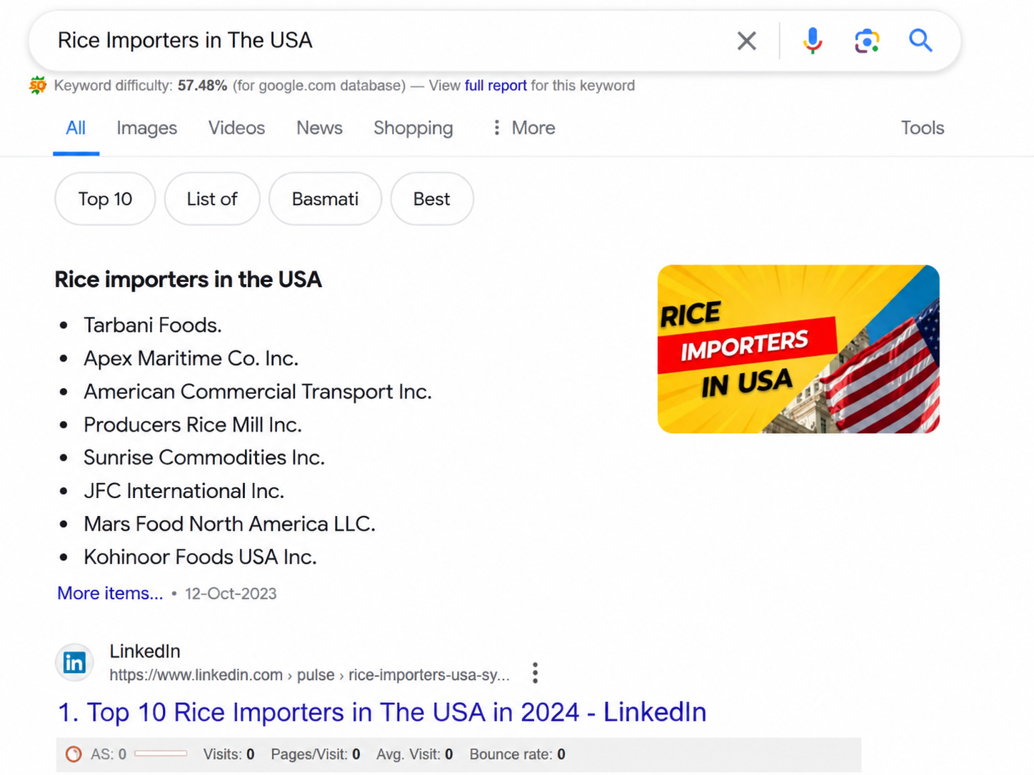 LinkedIn article appearing in Google search for rice importers in the USA
