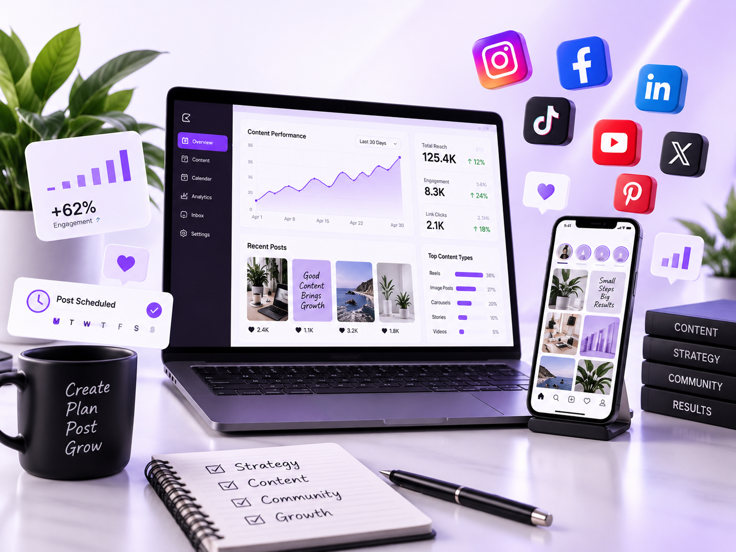 Social media management visual with smartphone content and social media platforms