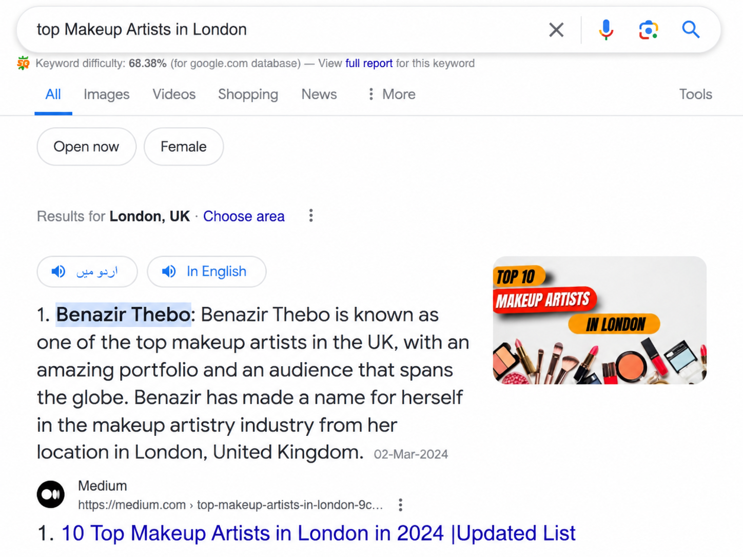 Medium article appearing in Google search for top makeup artists in London